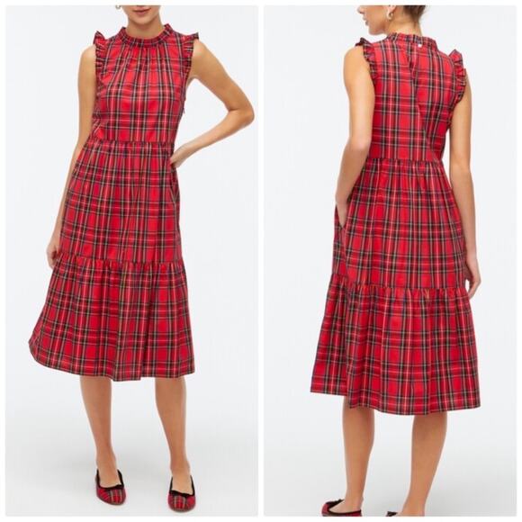 J. Crew Women's Factory Petite Tiered Tartan Red Ruffle Midi Dress Size 00‎ - Picture 1 of 6